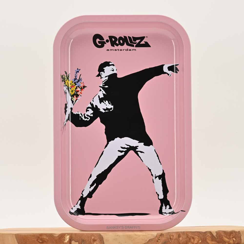 G-Rollz - Banksy's Graffiti "Flower Thrower Pink" - Medium Rolling Tray