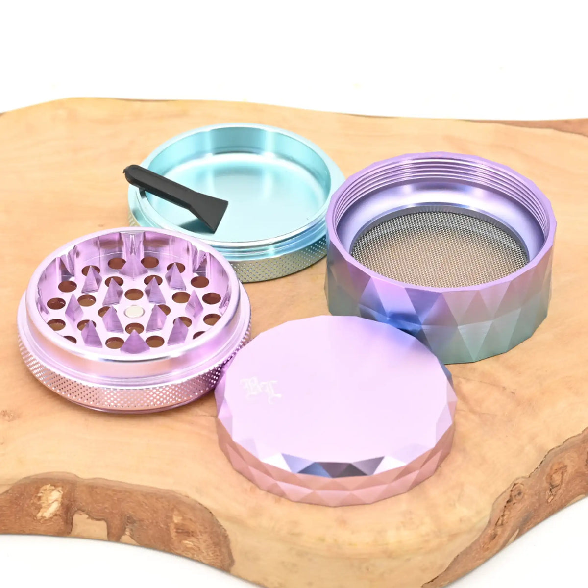 Black-Leaf-Grinder-Changierend-Lila-Blau-Grinder-Grinder-4-teilig-Pollensieb-kaufen-Headshop-mit-diskretem-Versand-Johnnys-Headshop