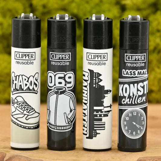 Clipper-069-4er-Set-Frankfurt-Feuerzeug-Chabos-Mainhatten-Lass-mal-konsti-chillen-nachfuellbar-Nr-1-Headshop-Deutschland-Johnnys-Headshop