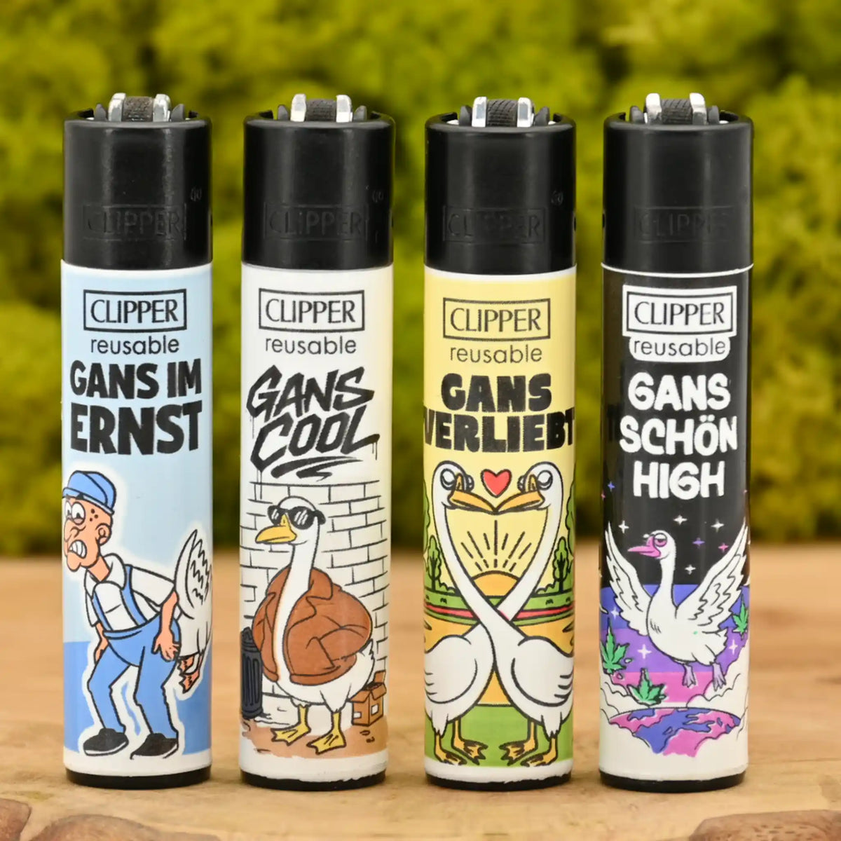 Clipper-Gans-Gut-4er-Set-lustige-Gaense-Zuendstift-als-Stopfer-lustige-Clipper-Headshop-Zubehoer-Top-Qualitaet-Johnnys-Headshop