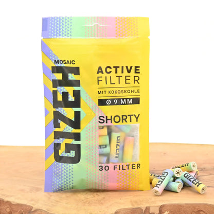 Gizeh-Aktivkohlefilter-9mm-Shorty-Gizeh-Active-Filter-Mosaic-30er-Pack-Keramikkappen-Kokos-Aktivkohle-Headshop-mit-riesiger-Auswahl-Johnnys-Headshop