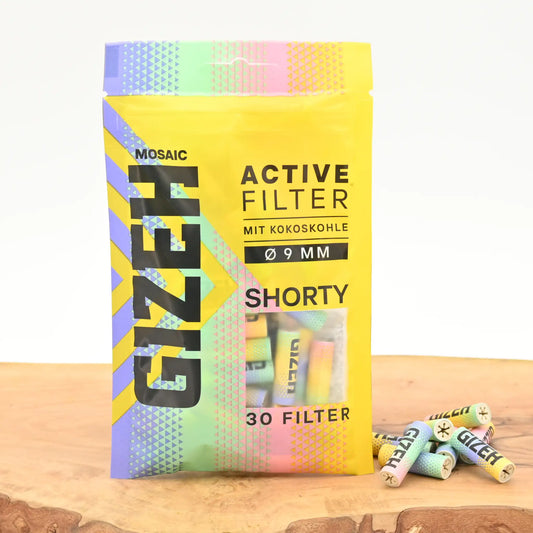 Gizeh-Aktivkohlefilter-9mm-Shorty-Gizeh-Active-Filter-Mosaic-30er-Pack-Keramikkappen-Kokos-Aktivkohle-Headshop-mit-riesiger-Auswahl-Johnnys-Headshop
