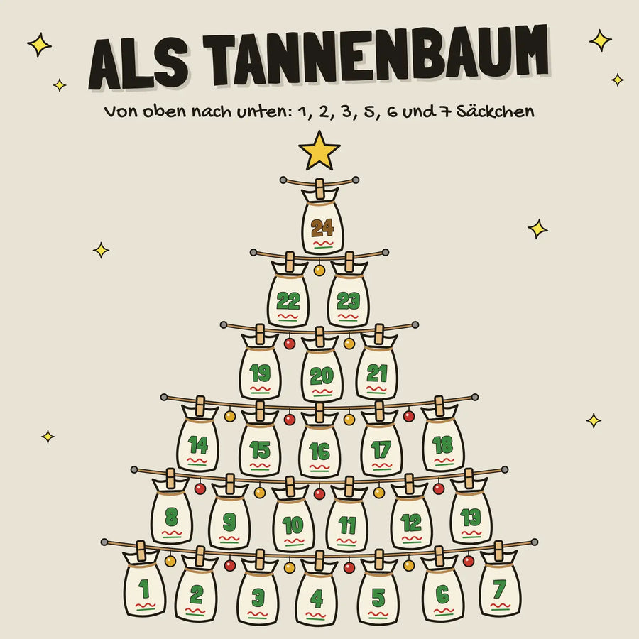 johnnys_premium_adventskalender_2026_saeckchen_als_tannenbaum_aufgehaengt_kiffer_adventskalender_weihnachten_headshop_Johnnys_Headshop