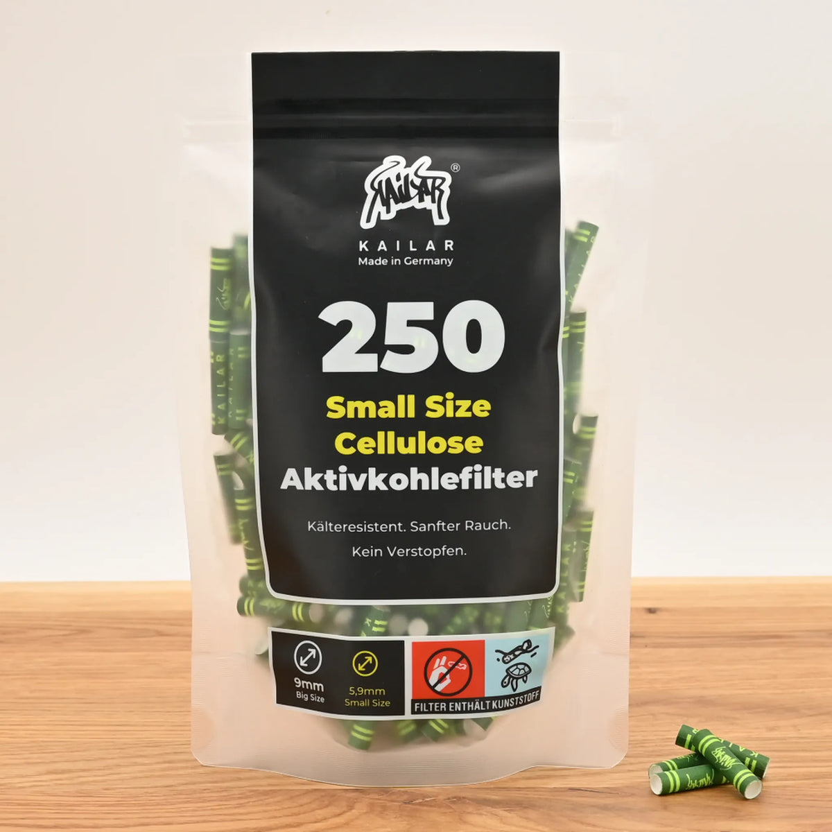 Kailar-Aktivkohlefilter-6mm-Slim-250er-Pack-Gruen-Kailar-Aktivkohlefilter-Cellulose-kompostierbar-Headshop-Zubehoer-Top-Qualitaet-Johnnys-Headshop